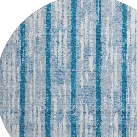 8' Navy Blue And Ivory Striped Washable Round Rug With UV Protection Photo 3