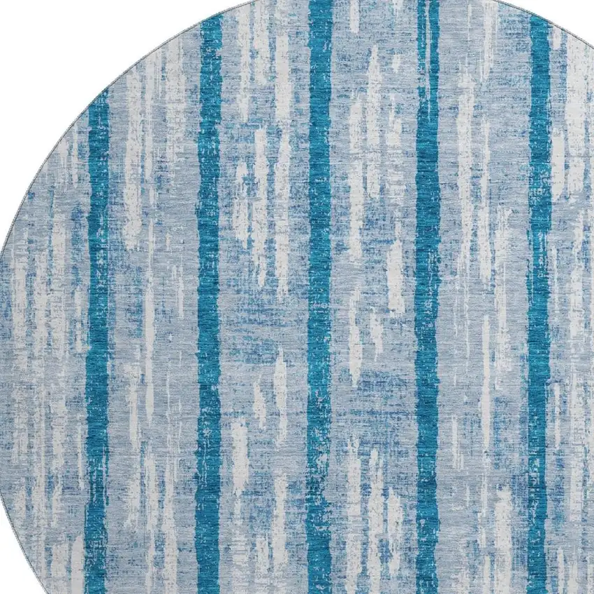 8' Navy Blue And Ivory Striped Washable Round Rug With UV Protection Photo 3