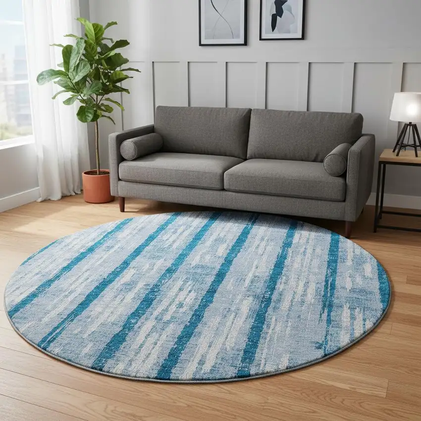 8' Navy Blue And Ivory Striped Washable Round Rug With UV Protection Photo 2