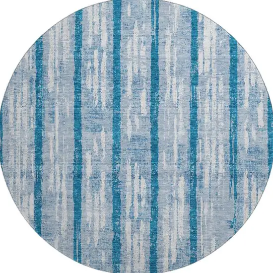 8' Navy Blue And Ivory Striped Washable Round Rug With UV Protection Photo 4