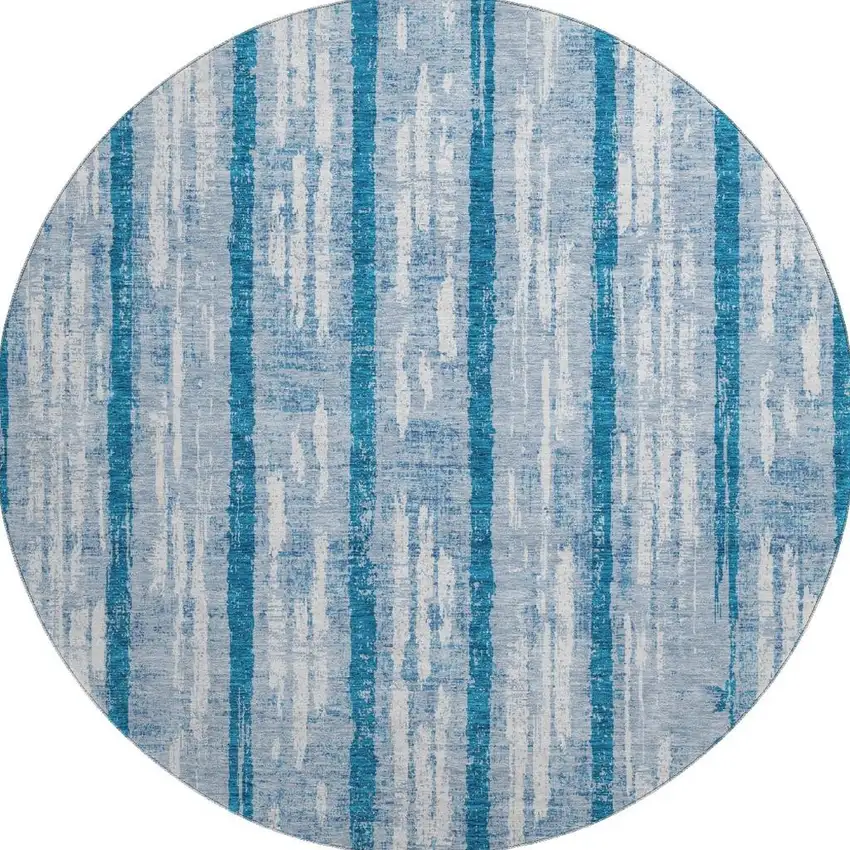 8' Navy Blue And Ivory Striped Washable Round Rug With UV Protection Photo 4