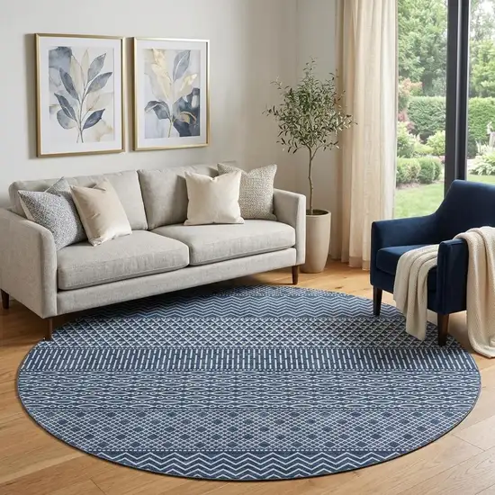8' Navy Blue And Ivory Striped Washable Round Rug With UV Protection Photo 1