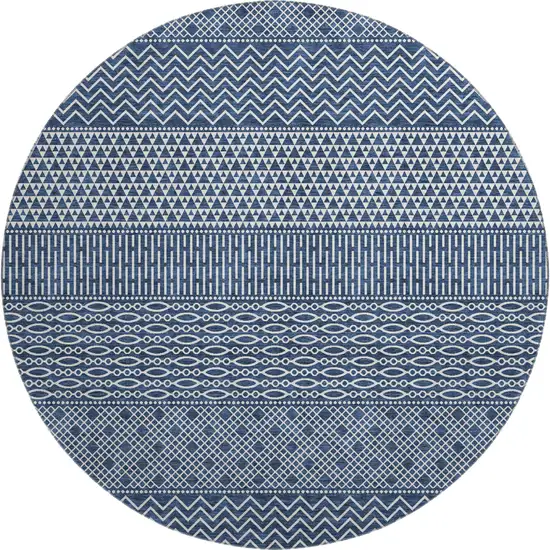 8' Navy Blue And Ivory Striped Washable Round Rug With UV Protection Photo 1