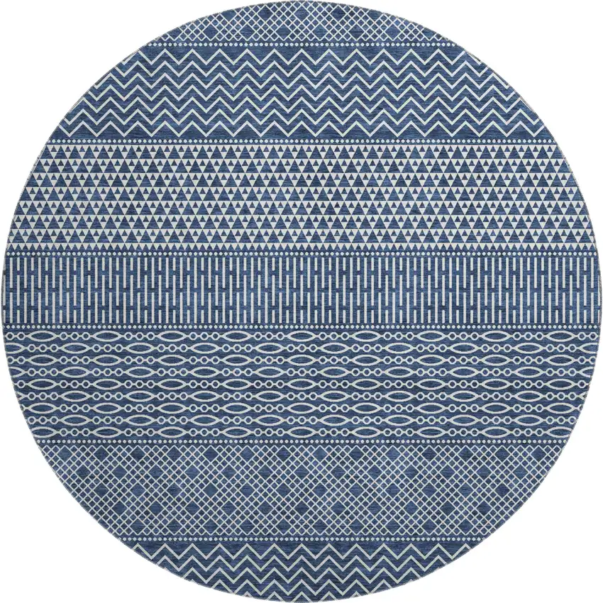 8' Navy Blue And Ivory Striped Washable Round Rug With UV Protection Photo 1