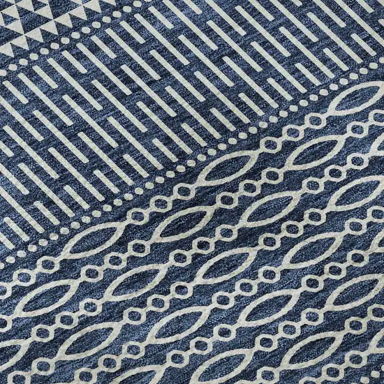 8' Navy Blue And Ivory Striped Washable Round Rug With UV Protection Photo 8