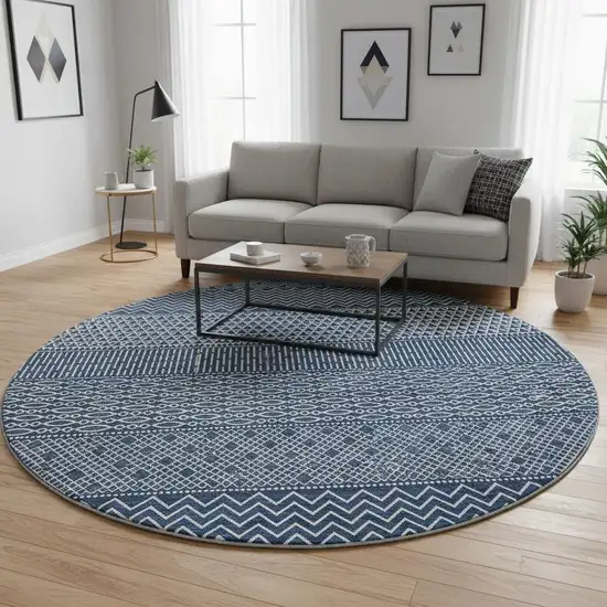 8' Navy Blue And Ivory Striped Washable Round Rug With UV Protection Photo 2