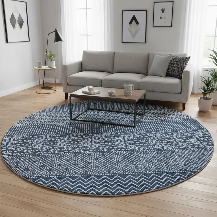 8' Navy Blue And Ivory Striped Washable Round Rug With UV Protection Photo 2