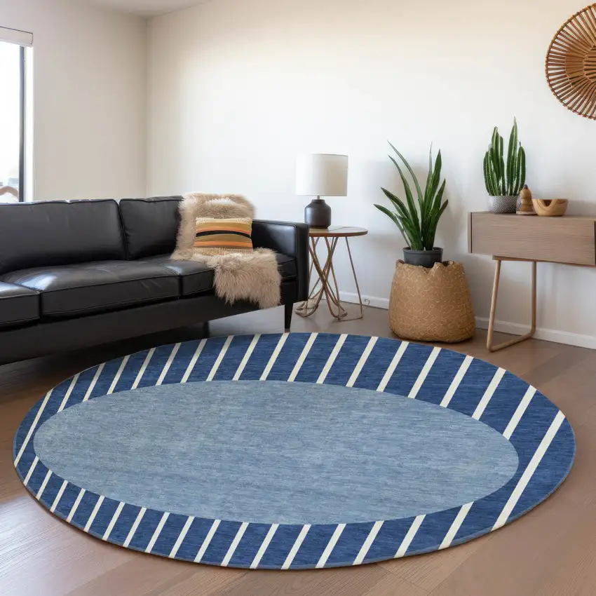 8' Navy Blue And Ivory Striped Washable Round Rug With UV Protection Photo 3