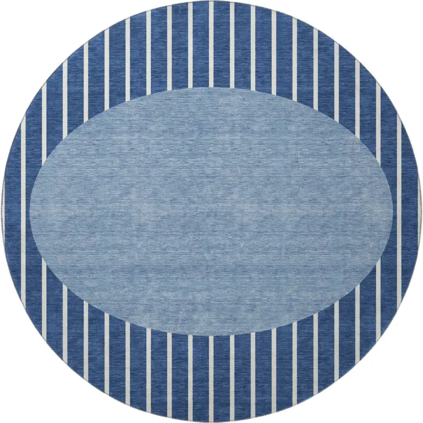 8' Navy Blue And Ivory Striped Washable Round Rug With UV Protection Photo 2