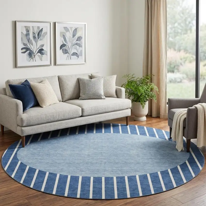 8' Navy Blue And Ivory Striped Washable Round Rug With UV Protection Photo 1
