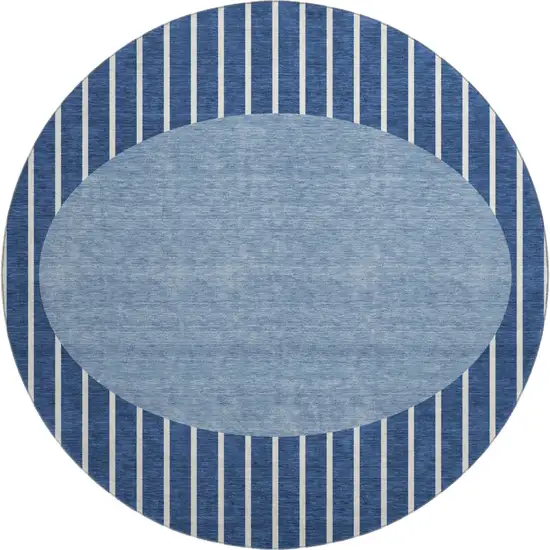 8' Navy Blue And Ivory Striped Washable Round Rug With UV Protection Photo 1