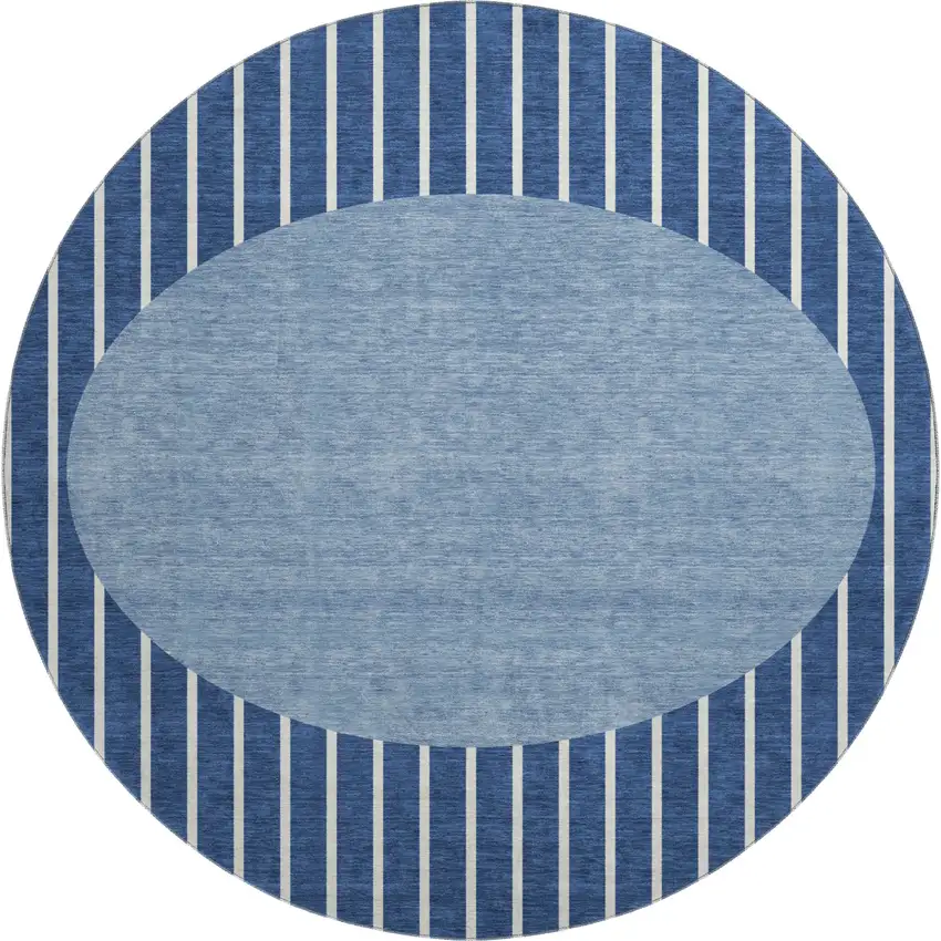 8' Navy Blue And Ivory Striped Washable Round Rug With UV Protection Photo 1