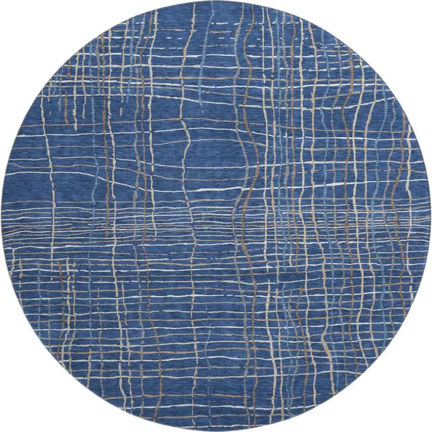 8' Navy Blue And Ivory Striped Washable Round Rug With UV Protection Photo 1