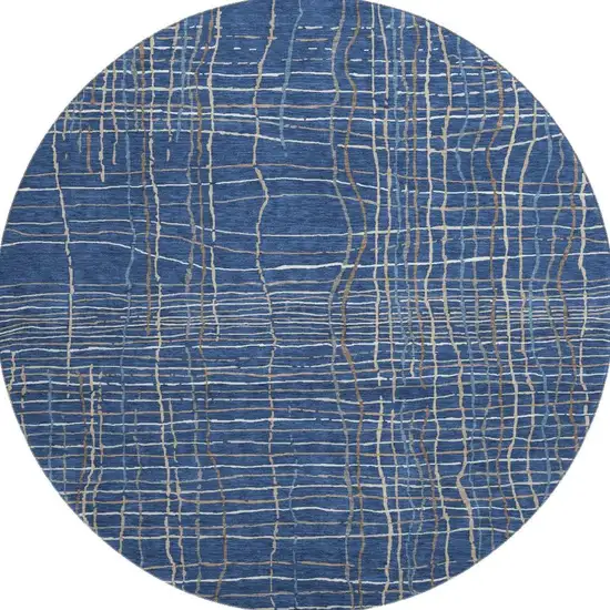 8' Navy Blue And Ivory Striped Washable Round Rug With UV Protection Photo 3