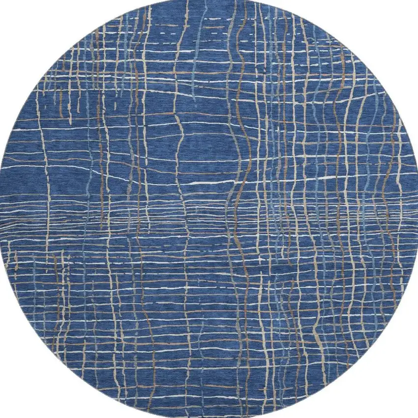 8' Navy Blue And Ivory Striped Washable Round Rug With UV Protection Photo 3