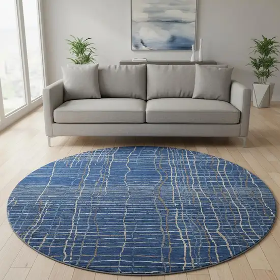 8' Navy Blue And Ivory Striped Washable Round Rug With UV Protection Photo 2