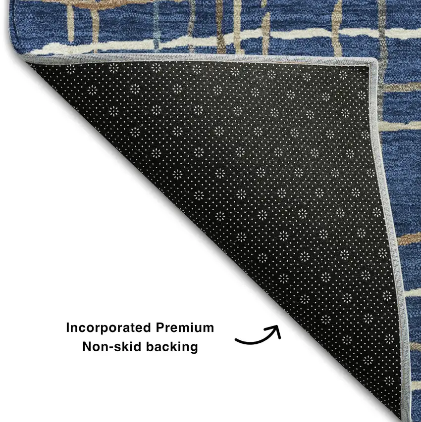 8' Navy Blue And Ivory Striped Washable Round Rug With UV Protection Photo 5