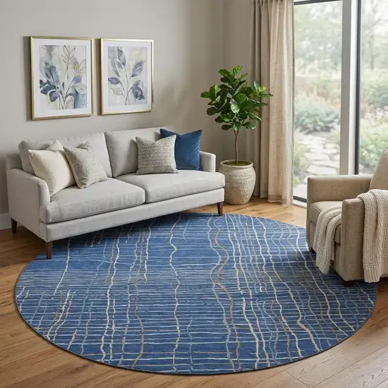 8' Navy Blue And Ivory Striped Washable Round Rug With UV Protection Photo 1