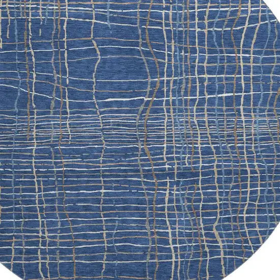 8' Navy Blue And Ivory Striped Washable Round Rug With UV Protection Photo 2