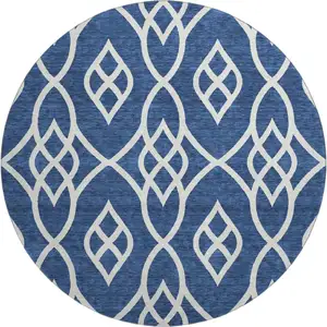 Photo of 8' Navy Blue And Ivory Trellis Washable Round Rug With UV Protection