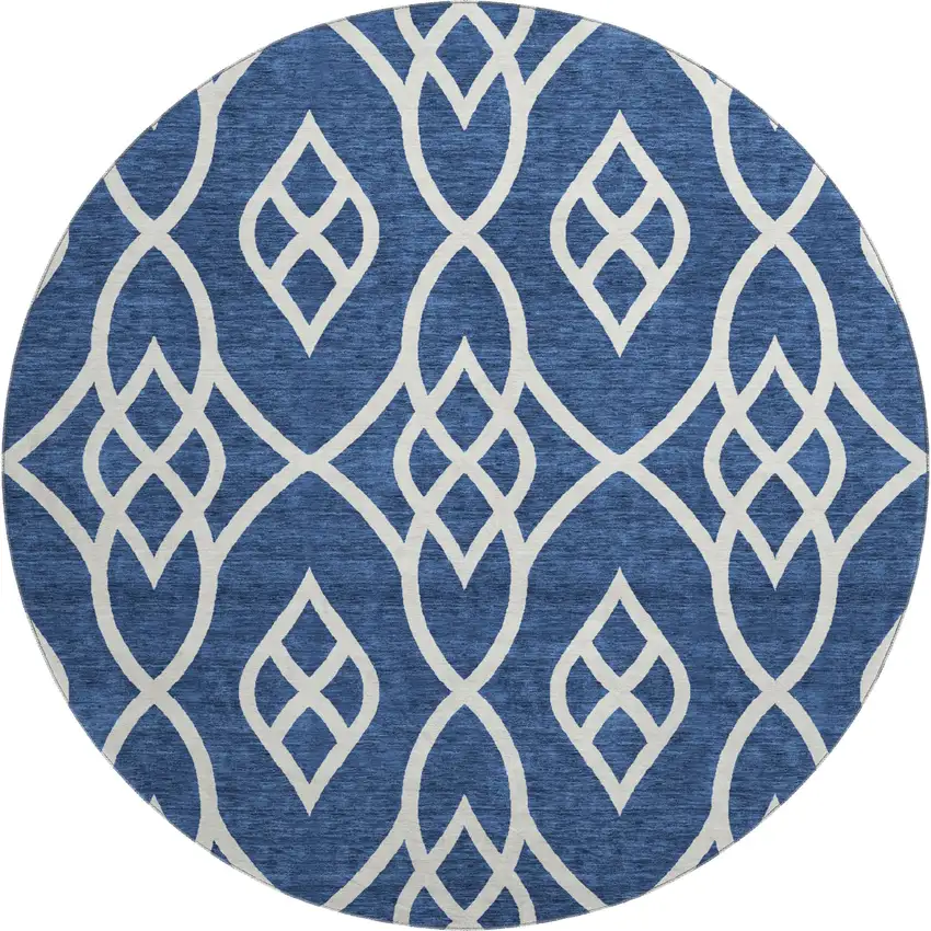 8' Navy Blue And Ivory Trellis Washable Round Rug With UV Protection Photo 1