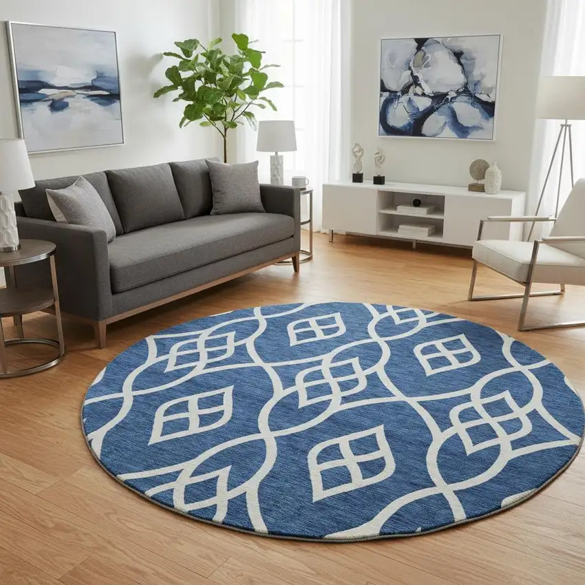 8' Navy Blue And Ivory Trellis Washable Round Rug With UV Protection Photo 2