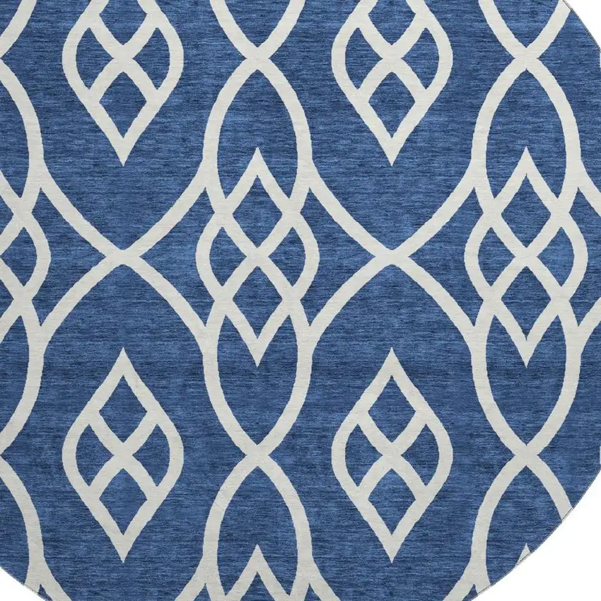 8' Navy Blue And Ivory Trellis Washable Round Rug With UV Protection Photo 3
