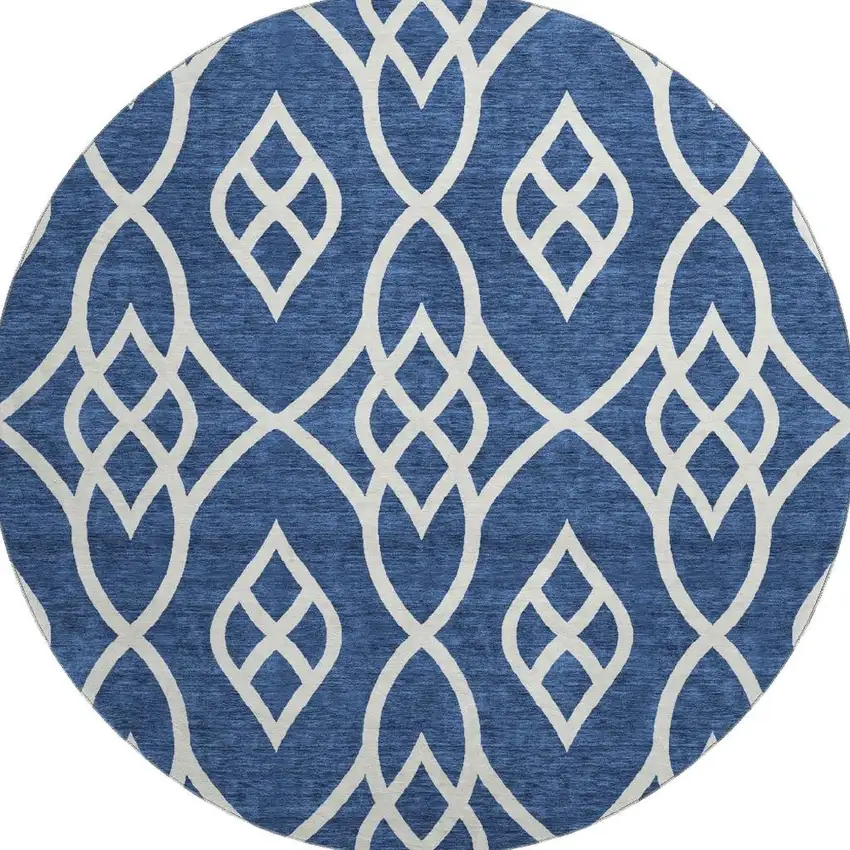 8' Navy Blue And Ivory Trellis Washable Round Rug With UV Protection Photo 4