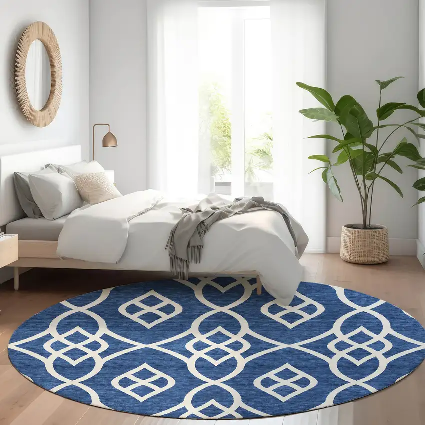 8' Navy Blue And Ivory Trellis Washable Round Rug With UV Protection Photo 5
