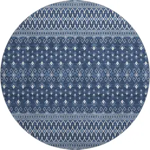 Photo of 8' Navy Blue And Ivory Tribal Washable Round Rug With UV Protection