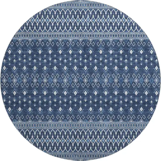 8' Navy Blue And Ivory Tribal Washable Round Rug With UV Protection Photo 1