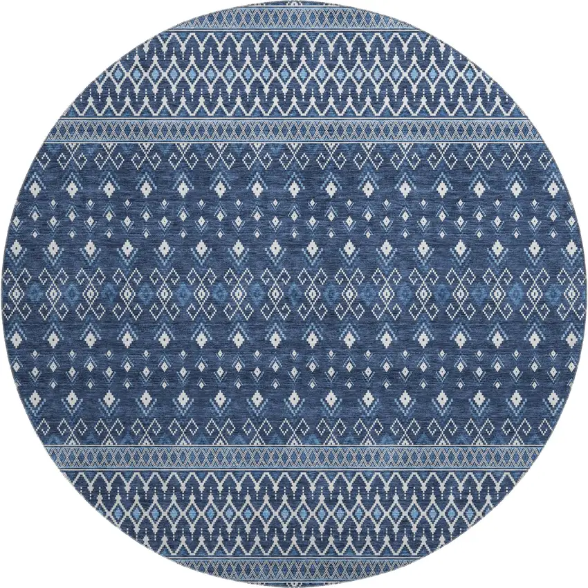 8' Navy Blue And Ivory Tribal Washable Round Rug With UV Protection Photo 1