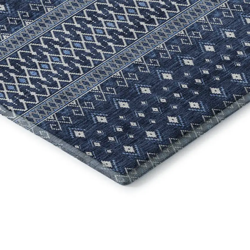 8' Navy Blue And Ivory Tribal Washable Round Rug With UV Protection Photo 6