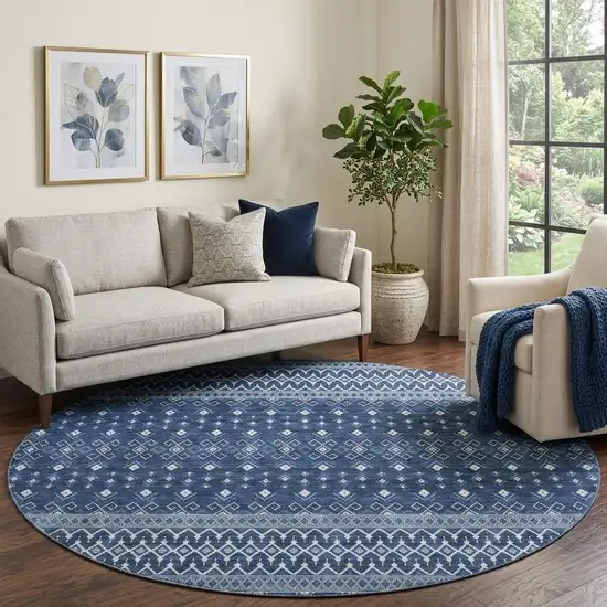 8' Navy Blue And Ivory Tribal Washable Round Rug With UV Protection Photo 1