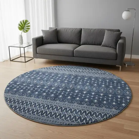 8' Navy Blue And Ivory Tribal Washable Round Rug With UV Protection Photo 2