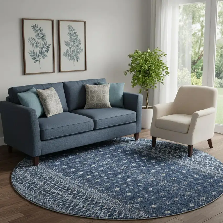 8' Navy Blue And Ivory Tribal Washable Round Rug With UV Protection Photo 1