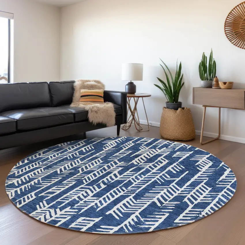 8' Navy Blue And Ivory Tribal Washable Round Rug With UV Protection Photo 5