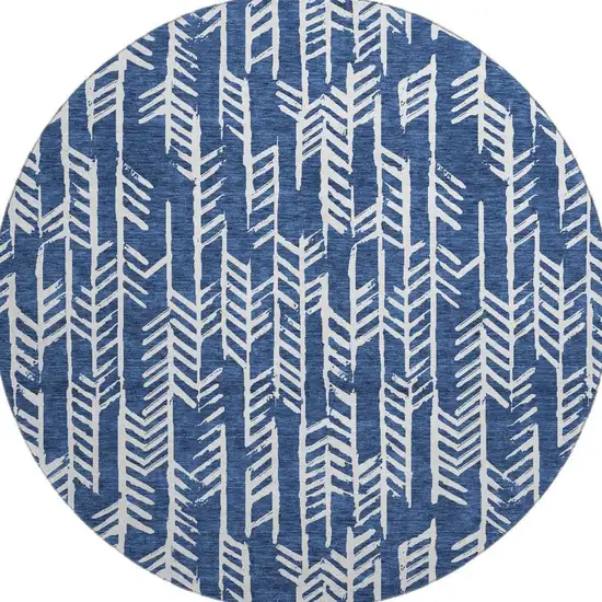 8' Navy Blue And Ivory Tribal Washable Round Rug With UV Protection Photo 3