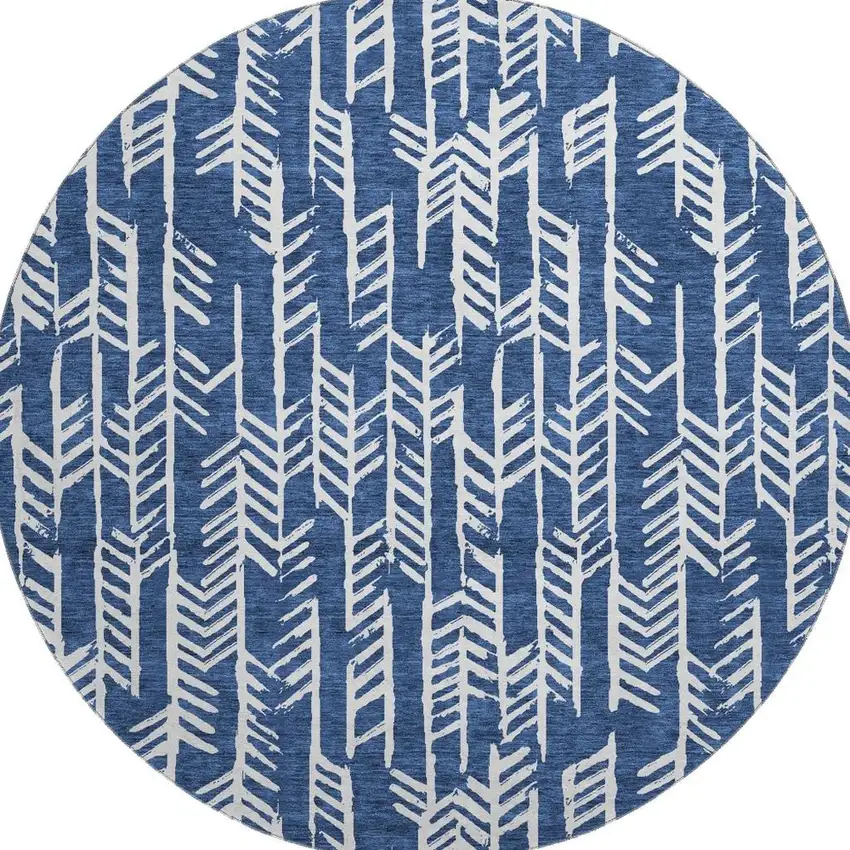 8' Navy Blue And Ivory Tribal Washable Round Rug With UV Protection Photo 3