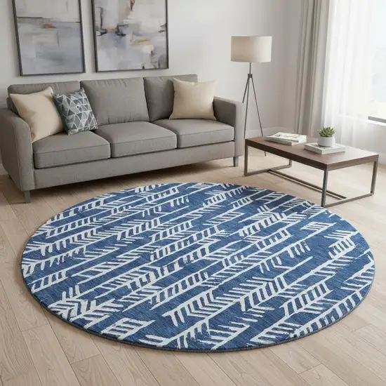 8' Navy Blue And Ivory Tribal Washable Round Rug With UV Protection Photo 2
