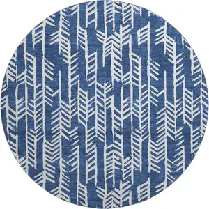 Photo of 8' Navy Blue And Ivory Tribal Washable Round Rug With UV Protection