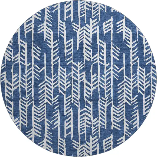 8' Navy Blue And Ivory Tribal Washable Round Rug With UV Protection Photo 1