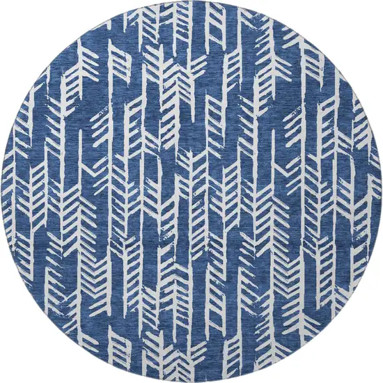 8' Navy Blue And Ivory Tribal Washable Round Rug With UV Protection Photo 4