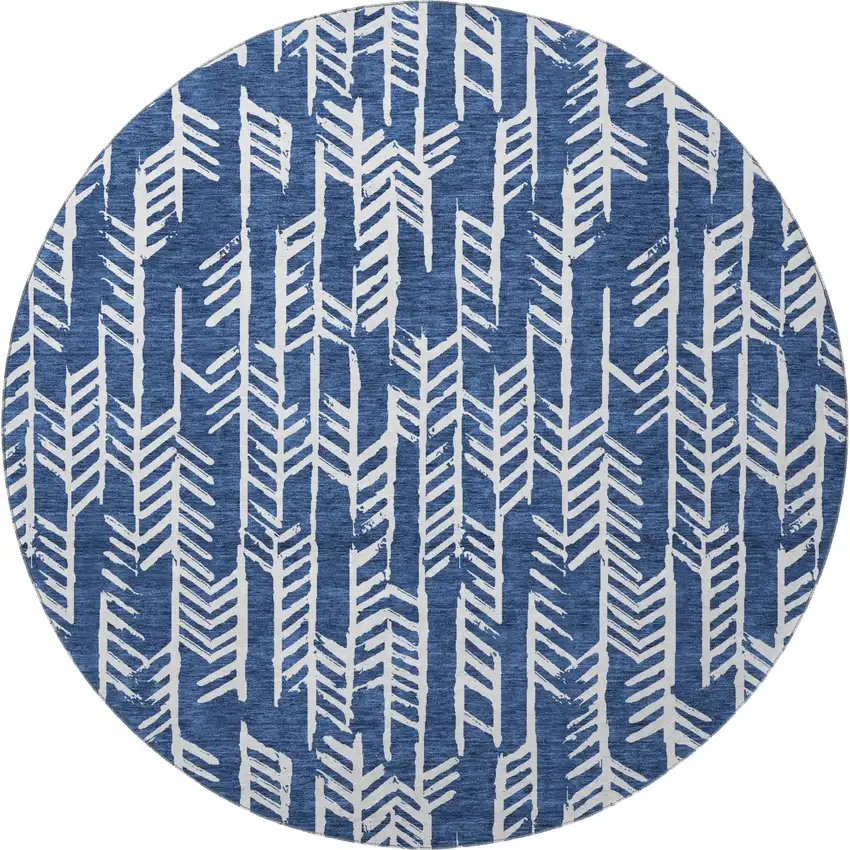 8' Navy Blue And Ivory Tribal Washable Round Rug With UV Protection Photo 4