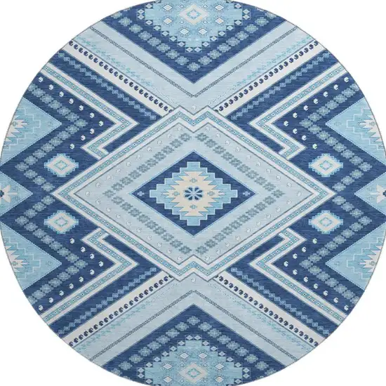 8' Navy Blue And Ivory Tribal Washable Round Rug With UV Protection Photo 3