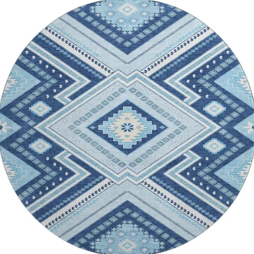 8' Navy Blue And Ivory Tribal Washable Round Rug With UV Protection Photo 3