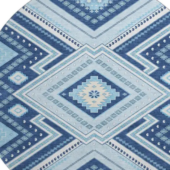 8' Navy Blue And Ivory Tribal Washable Round Rug With UV Protection Photo 2