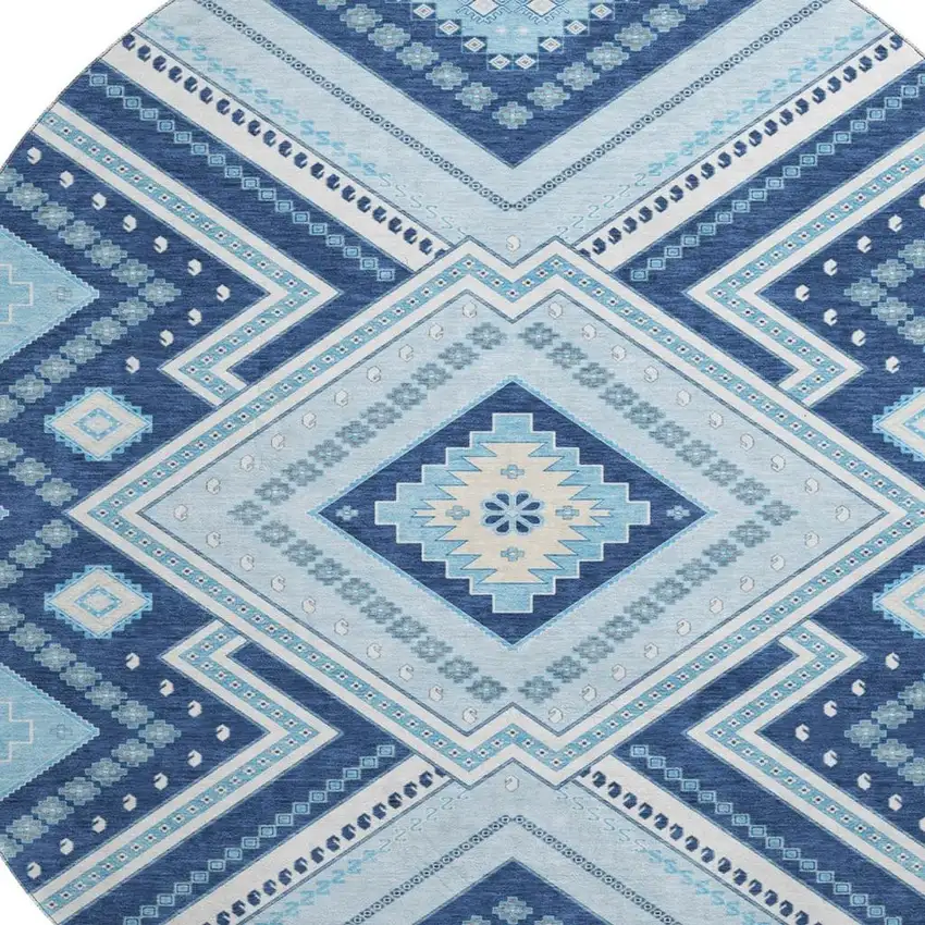 8' Navy Blue And Ivory Tribal Washable Round Rug With UV Protection Photo 2