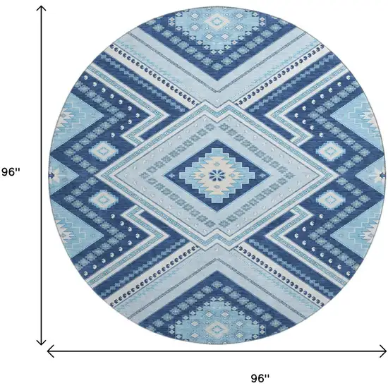 8' Navy Blue And Ivory Tribal Washable Round Rug With UV Protection Photo 9