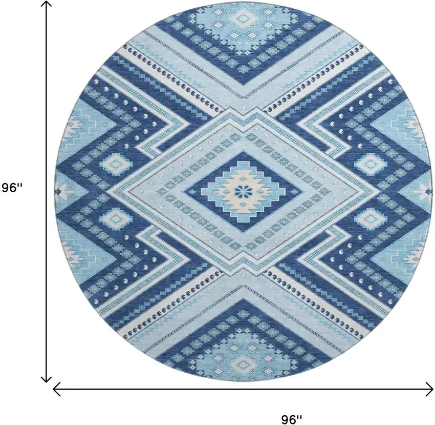 8' Navy Blue And Ivory Tribal Washable Round Rug With UV Protection Photo 9